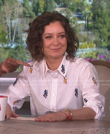 Sara's white embroidered long sleeve shirt on The Talk