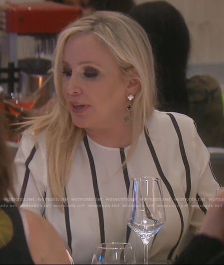 Shannon’s white silk striped wrap top on The Real Housewives of OC