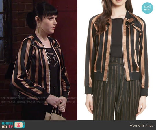 3.1 Phillip Lim Ruffle Stripe Satin Bomber worn by Tessa Porter (Cait Fairbanks) on The Young and the Restless