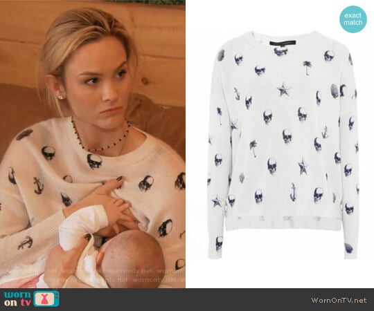 Riley V-Neck Skull-Print Cashmere Sweater by 360 Sweater worn by Meghan King Edmonds on The Real Housewives of Orange County