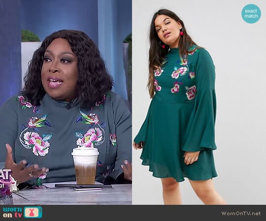 Embroidered Trumpet Sleeve Mini Dress by ASOS worn by Loni Love on The Real