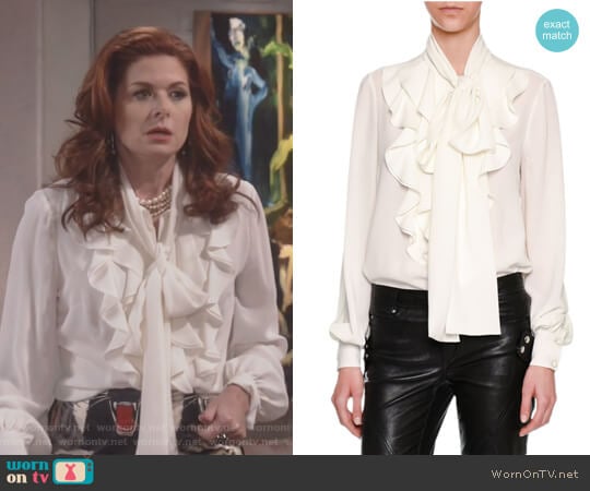 Ruffle-Front Tie-Neck Blouse by Alexander McQueen worn by Grace Adler (Debra Messing) on Will and Grace