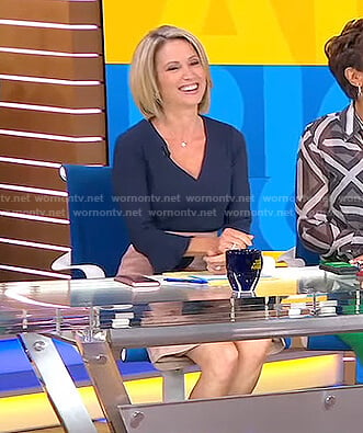 Amy’s navy v-neck bell sleeve top and pink skirt on Good Morning America