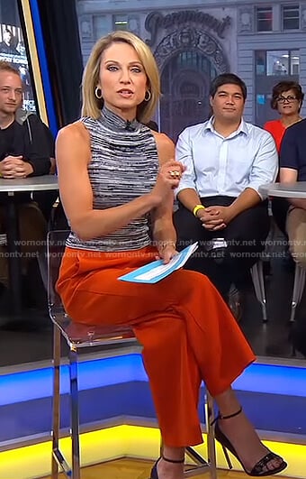 Amy’s space dye sleeveless top and orange wide-leg pants on Good Morning America