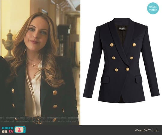 Double-Breasted Shawl Collar Blazer by Balmain worn by Fallon Carrington (Elizabeth Gillies) on Dynasty