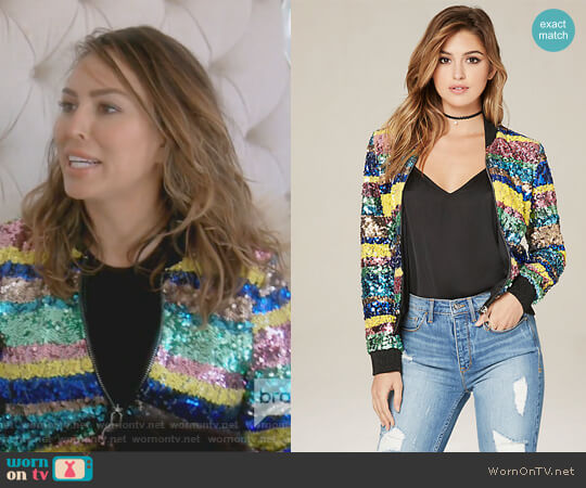 Sequin Stripe Bomber Jacket by Bebe worn by Kelly Dodd  on The Real Housewives of Orange County