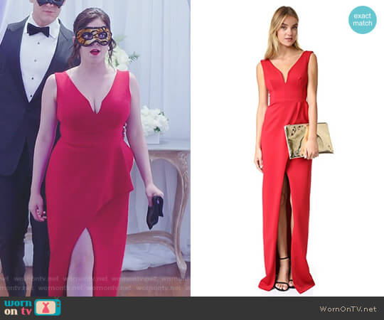 WornOnTV Rebecca s red sleeveless wrapped gown on Crazy Ex Girlfriend Rachel Bloom Clothes and Wardrobe from TV