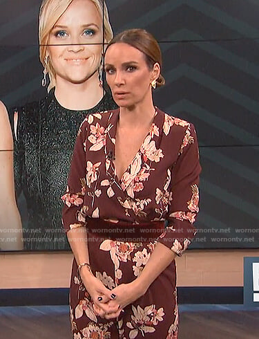 Catt's brown floral cross front jumpsuit on E! News