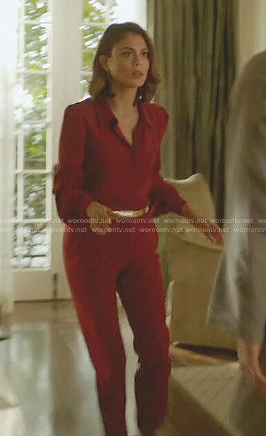 Cristal's red button front blouse and pants on Dynasty