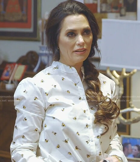 D'Andra's white bee print blouse on The Real Housewives of Dallas