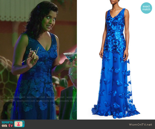 Sleeveless Floral-Appliqué A-Line Gown worn by Vicky (Tiya Sircar) on The Good Place