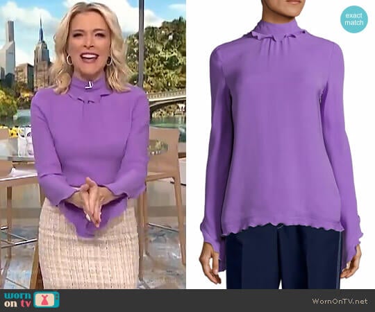 WornOnTV: Megyn’s purple ruffle mock neck top and tweed skirt on Megyn ...