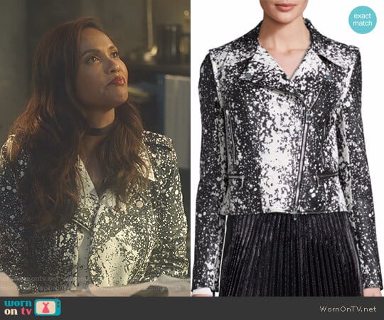 'Joneva' Splatter-Print Moto Jacket by Diane von Furstenberg worn by Mazikeen (Lesley-Ann Brandt) on Lucifer