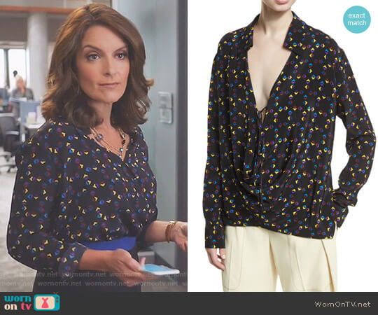 Cuneiform-Print Collared Silk Drape Blouse by Derek Lam worn by Diana St. Tropez (Tina Fey) on Great News