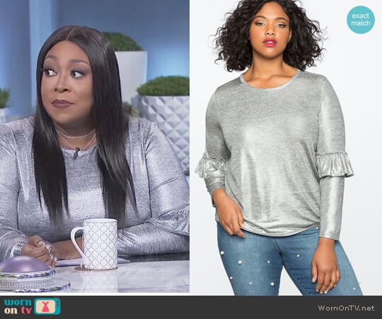 Metallic Ruffle Long Sleeve Tee by Eloquii worn by Loni Love on The Real