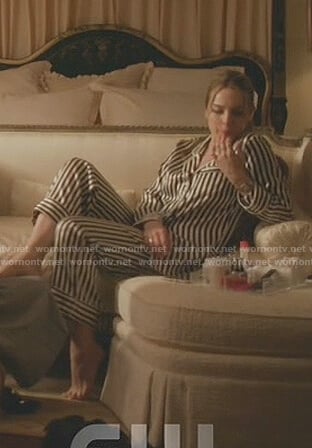 Fallon’s black and white striped silk pajamas on Dynasty