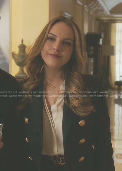 Fallon's navy double breasted blazer on Dynasty