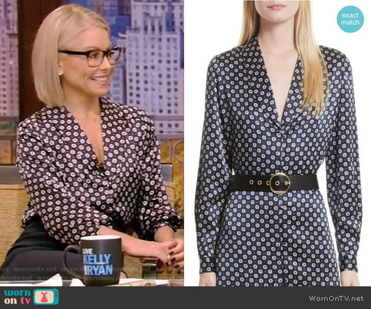 Print Silk Blouse by Frame worn by Kelly Ripa on Live with Kelly and Mark