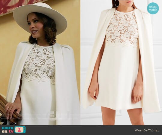 Giambattista Valli Convertible guipure lace-paneled crepe dress worn by Cristal Flores (Nathalie Kelley) on Dynasty