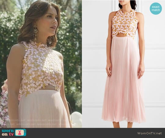 'Guipure' Lace and Pleated Midi Dress by Giambattista Valli worn by Cristal Flores (Nathalie Kelley) on Dynasty