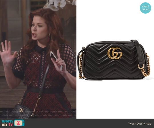 GG Marmont Camera small quilted leather shoulder bag by Gucci worn by Grace Adler (Debra Messing) on Will and Grace