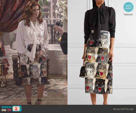 Printed silk-charmeuse midi skirt by Gucci worn by Grace Adler (Debra Messing) on Will and Grace