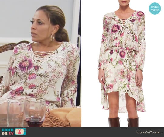 Long-Sleeve Lace-Up Floral-Print Dress by Haute Hippie worn by Dolores Catania on The Real Housewives of New Jersey