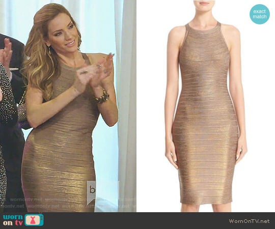 'Renata' Woodgrain Metallic Foil Bandage Dress by Herve Leger worn by Cary Deuber on The Real Housewives of Dallas