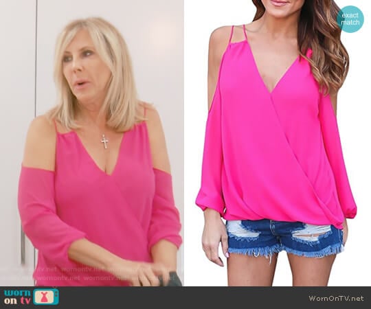 Long Cold Shoulder Wrap V Neck Top by Imily Bela worn by Vicki Gunvalson on The Real Housewives of Orange County