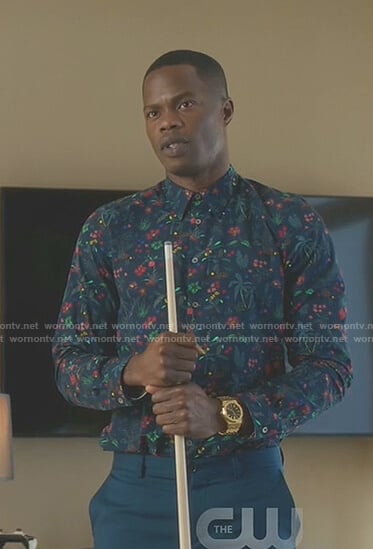 Jeff's navy tropical print shirt on Dynasty