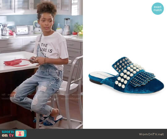 Jeffrey Campbell Ravis Embellished Loafer Mule worn by Zoey Johnson (Yara Shahidi) on Black-ish