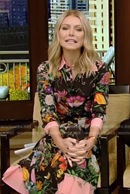 Kelly’s black floral midi dress on Live with Kelly and Ryan