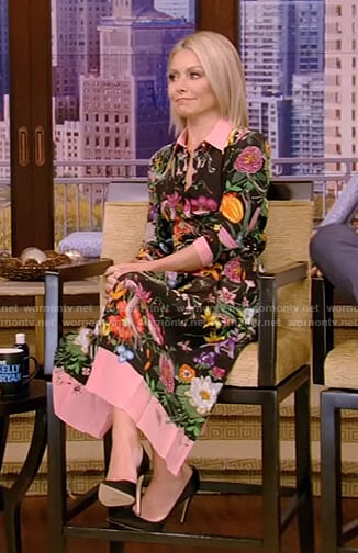 Kelly’s black floral midi dress on Live with Kelly and Ryan