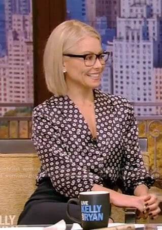 Kelly’s black printed silk blouse on Live with Kelly and Ryan