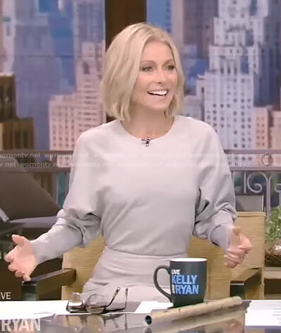 Kelly’s grey dolman sleeve top and skirt on Live with Kelly and Ryan