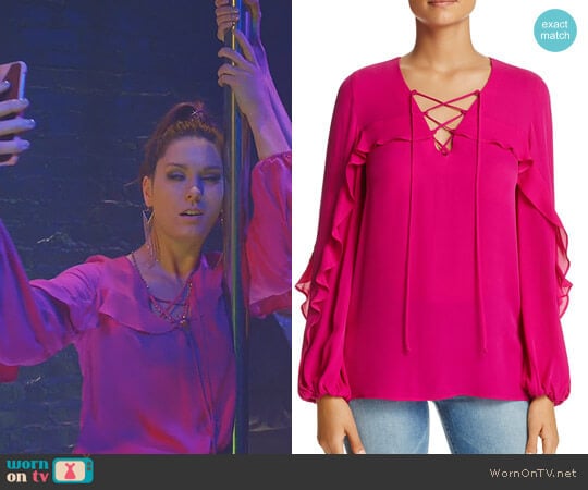 Lace-Up Ruffle Trim Silk Blouse by Kobi Halperin worn by Katherine Wendelson (Briga Heelan) on Great News