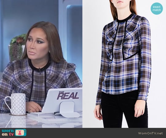 WornOnTV: Adrienne’s blue plaid ruffle front long sleeve top on The ...