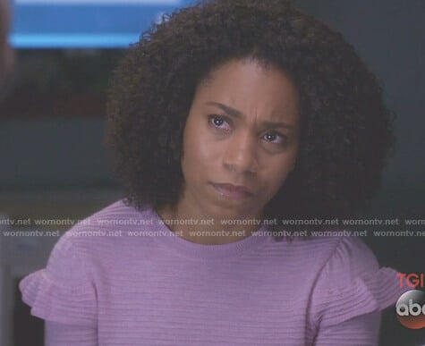 Maggie's pink ruffle sleeve top on Grey's Anatomy