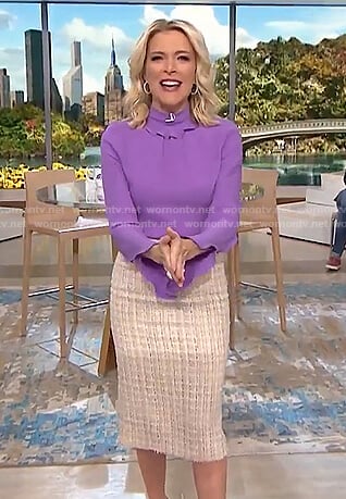 Megyn’s purple ruffle mock neck top and tweed skirt on Megyn Kelly