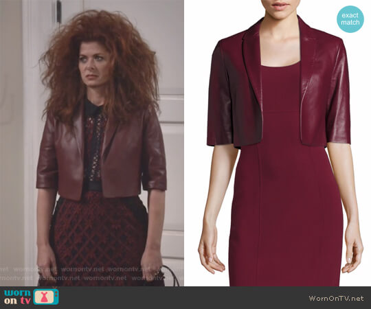 Cropped Plonge Leather Jacket by Michael Kors worn by Grace Adler (Debra Messing) on Will and Grace