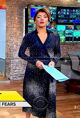 Norah's blue printed wrap dress on CBS This Morning
