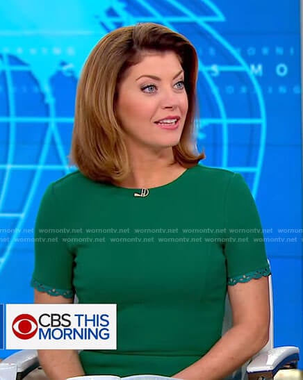 Norah’s green short sleeve dress on CBS This Morning