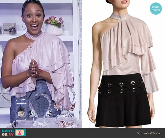 Ophelia Ruffled One-Shoulder Choker Blouse by Parker worn by Tamera Mowry on The Real