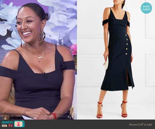 WornOnTV: Tamera’s navy cold shoulder button detail dress on The Real ...