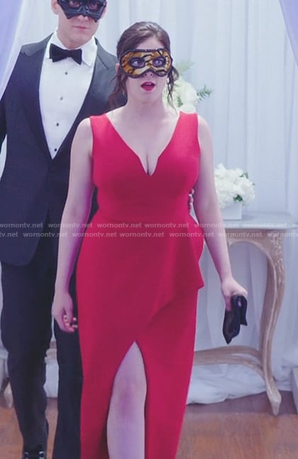 Rebecca's red sleeveless wrapped gown on Crazy Ex-Girlfriend