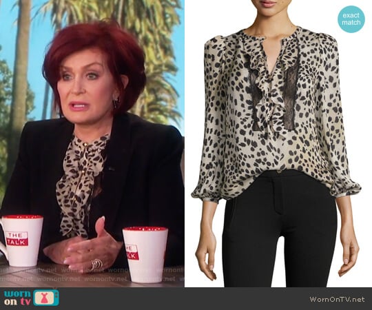 Cheetah-Print Lace-Trim Silk Blouse by Roberto Cavalli worn by Sharon Osbourne on The Talk