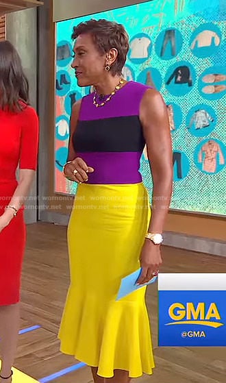 Robin’s purple and yellow colorblock dress on Good Morning America