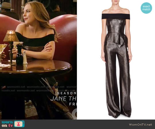 Roland Mouret Danielson Off-the-Shoulder Peplum Jumpsuit worn by Fallon Carrington (Elizabeth Gillies) on Dynasty