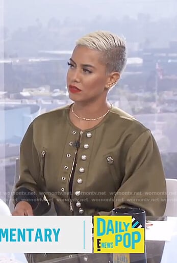 Sibley's khaki bomber jacket with pearls on E! News Daily Pop