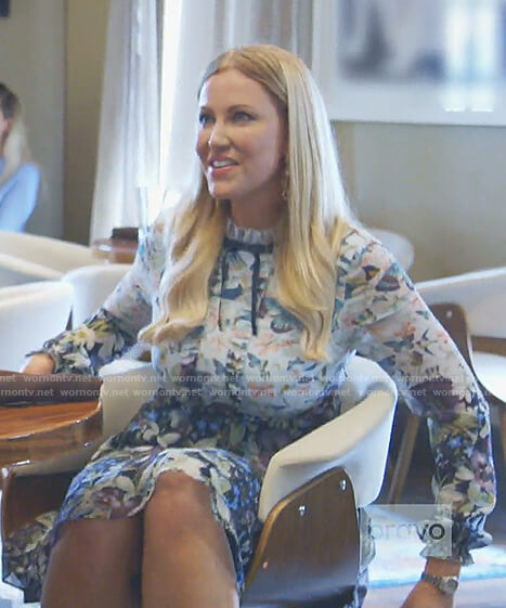 Stephanie's blue floral bow neck dress on The Real Housewives of Dallas
